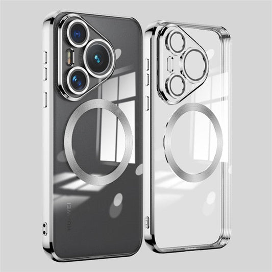For Huawei Pura 70 Case Electroplating Clear TPU Cell Phone Cover Built-In Glass Lens Film - Silver