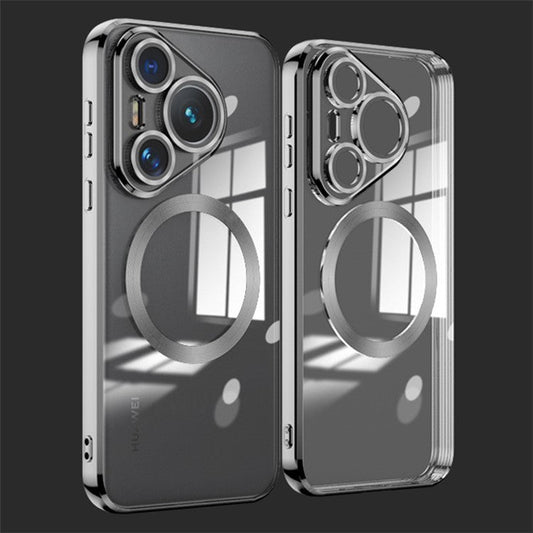 For Huawei Pura 70 Case Electroplating Clear TPU Cell Phone Cover Built-In Glass Lens Film - Black