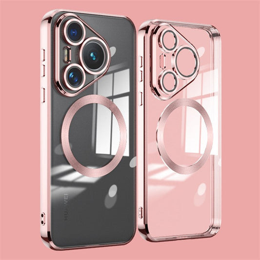For Huawei Pura 70 Case Electroplating Clear TPU Cell Phone Cover Built-In Glass Lens Film - Rose Gold