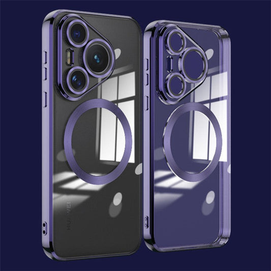 For Huawei Pura 70 Case Electroplating Clear TPU Cell Phone Cover Built-In Glass Lens Film - Dark Purple