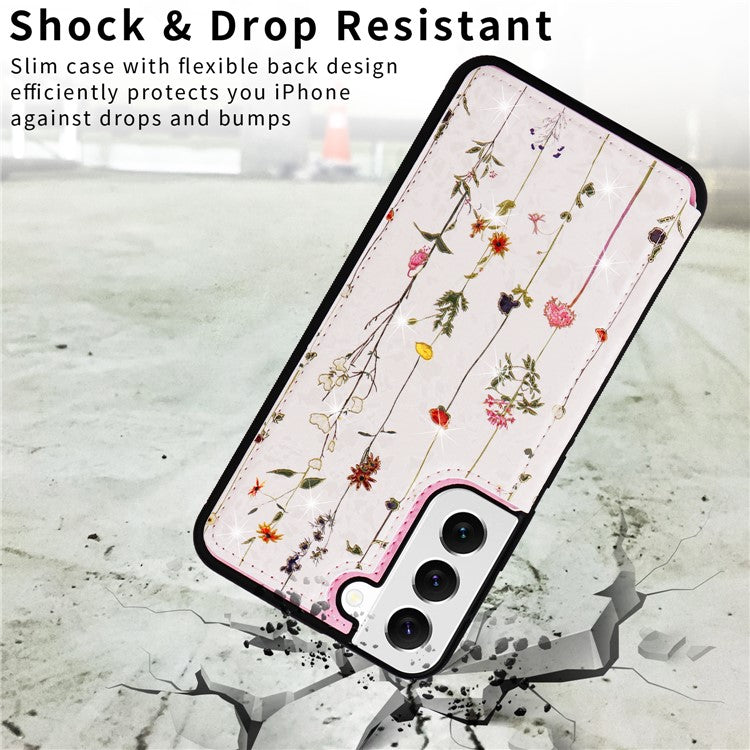 For Samsung Galaxy S22 5G Pattern Printing Case Kickstand Card Slots Phone Back Shell - Dried Flower