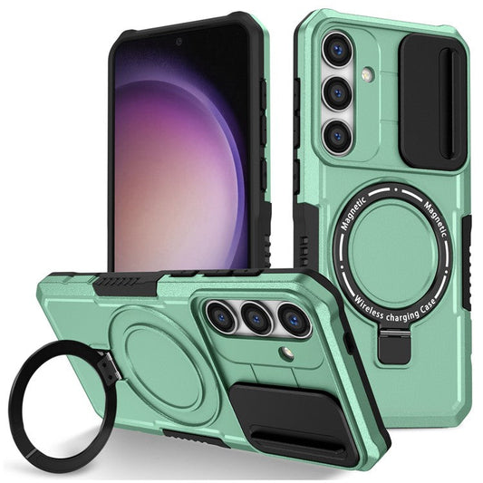 For Samsung Galaxy S24 Case Compatible with MagSafe PC+TPU Phone Case with Lens Lid - Light Green