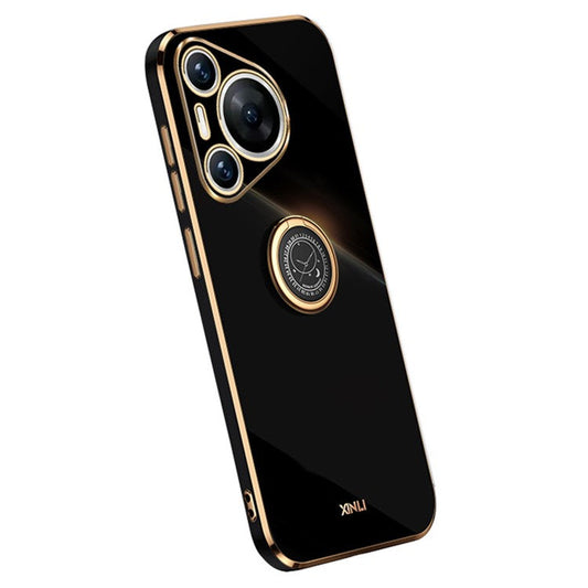 XINLI For Huawei Pura 70 Pro Case Electroplating Kickstand TPU Phone Cover - Black