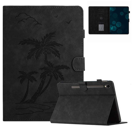 For Samsung Galaxy Tab S9 (X710 X716B X718U) / S9 FE (X510 / X516B) Card Holder Case Coconut Tree Imprinted Leather Tablet Cover - Black