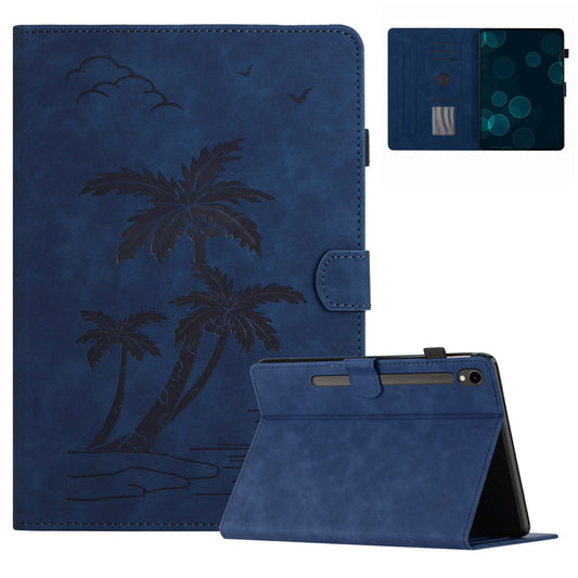 For Samsung Galaxy Tab S9 (X710 X716B X718U) / S9 FE (X510 / X516B) Card Holder Case Coconut Tree Imprinted Leather Tablet Cover - Blue