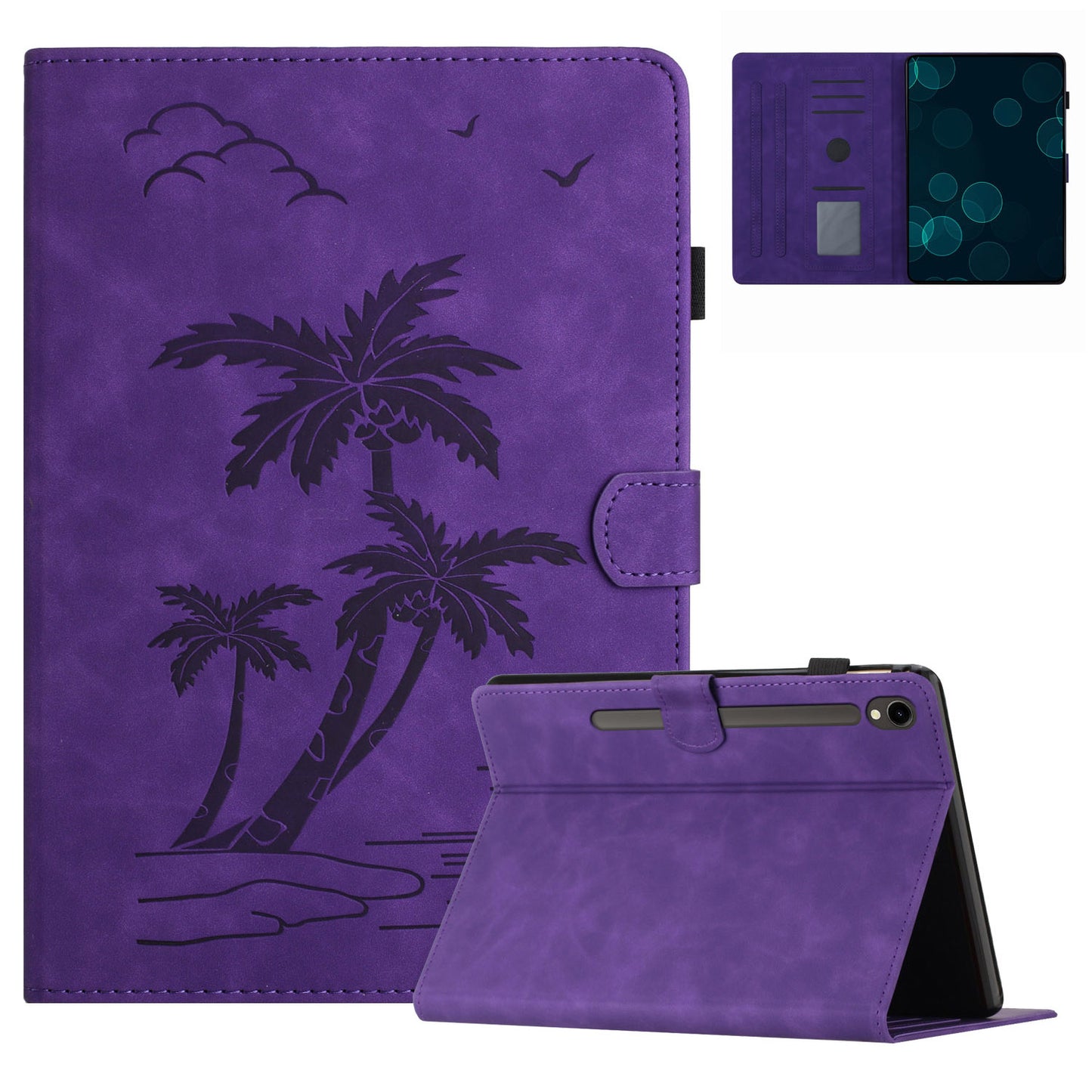 For Samsung Galaxy Tab S9 (X710 X716B X718U) / S9 FE (X510 / X516B) Card Holder Case Coconut Tree Imprinted Leather Tablet Cover - Purple