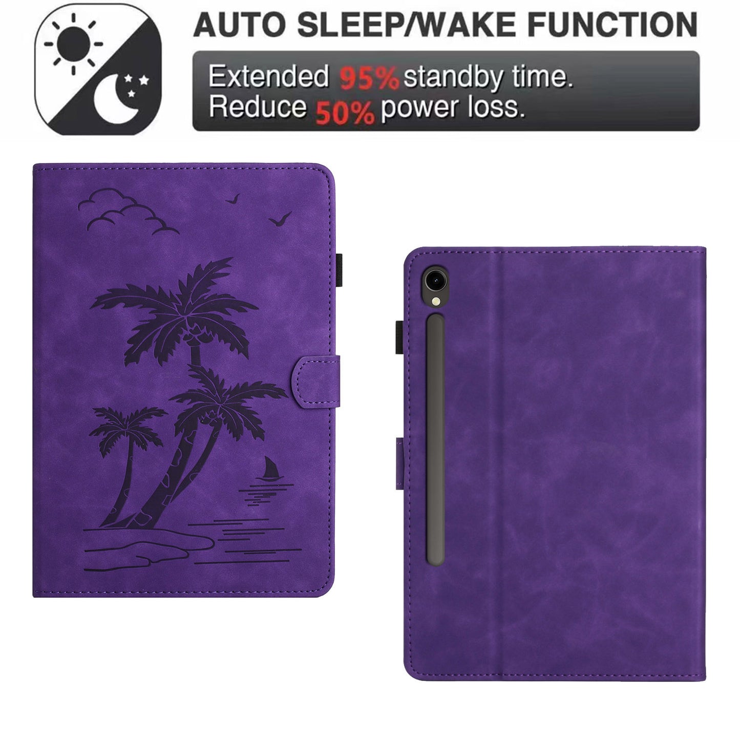 For Samsung Galaxy Tab S9 (X710 X716B X718U) / S9 FE (X510 / X516B) Card Holder Case Coconut Tree Imprinted Leather Tablet Cover - Purple