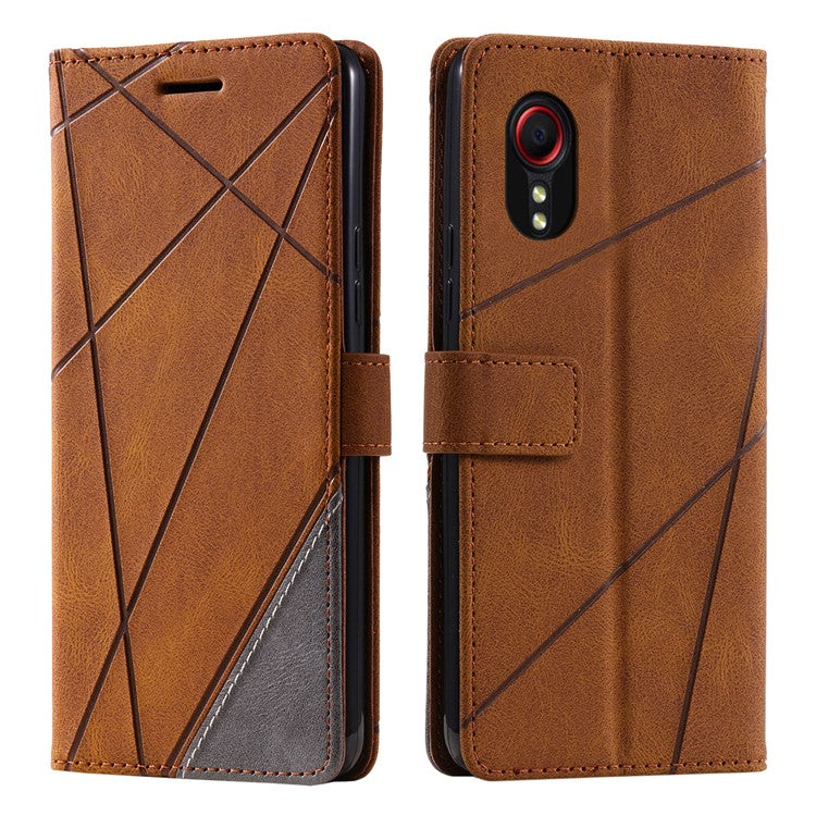 For Samsung Galaxy Xcover 5 Wallet Case Lines Imprinted PU Leather Phone Back Cover - Brown