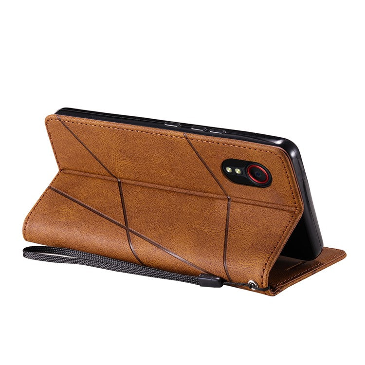 For Samsung Galaxy Xcover 5 Wallet Case Lines Imprinted PU Leather Phone Back Cover - Brown