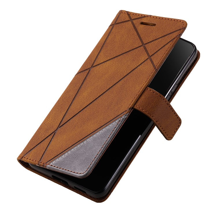 For Samsung Galaxy Xcover 5 Wallet Case Lines Imprinted PU Leather Phone Back Cover - Brown