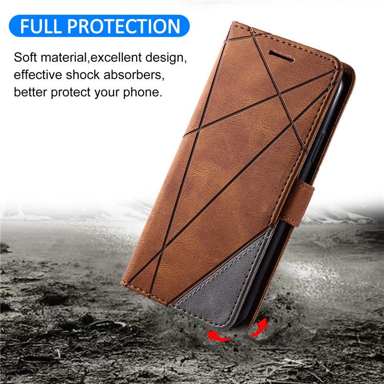 For Samsung Galaxy Xcover 5 Wallet Case Lines Imprinted PU Leather Phone Back Cover - Brown
