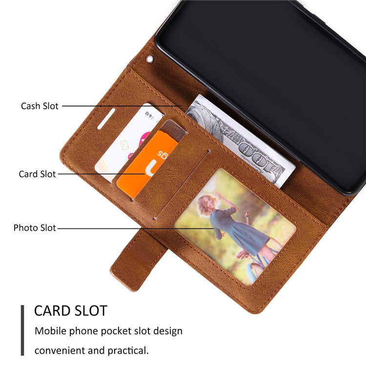 For Samsung Galaxy Xcover 5 Wallet Case Lines Imprinted PU Leather Phone Back Cover - Brown