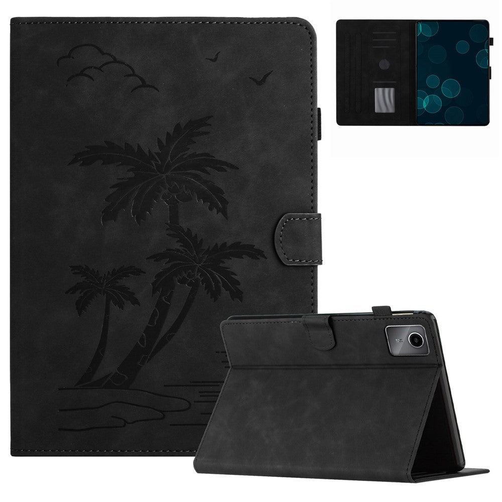 For Lenovo Tab M11 / Xiaoxin Pad 11 2024 TB-331FC Tablet Case Coconut Tree Imprinted Card Holder Leather Cover - Black