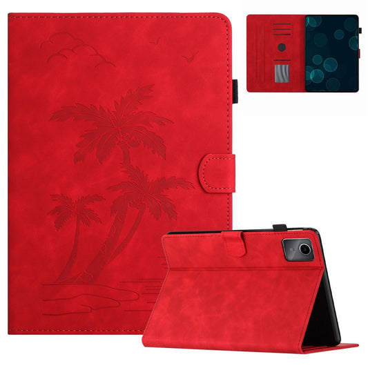 For Lenovo Tab M11 / Xiaoxin Pad 11 2024 TB-331FC Tablet Case Coconut Tree Imprinted Card Holder Leather Cover - Red