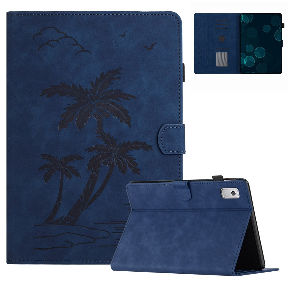 For Lenovo Tab M9 TB-310FU Case Card Slots PU Leather Coconut Tree Imprinted Tablet Cover Auto Wake / Sleep - Blue