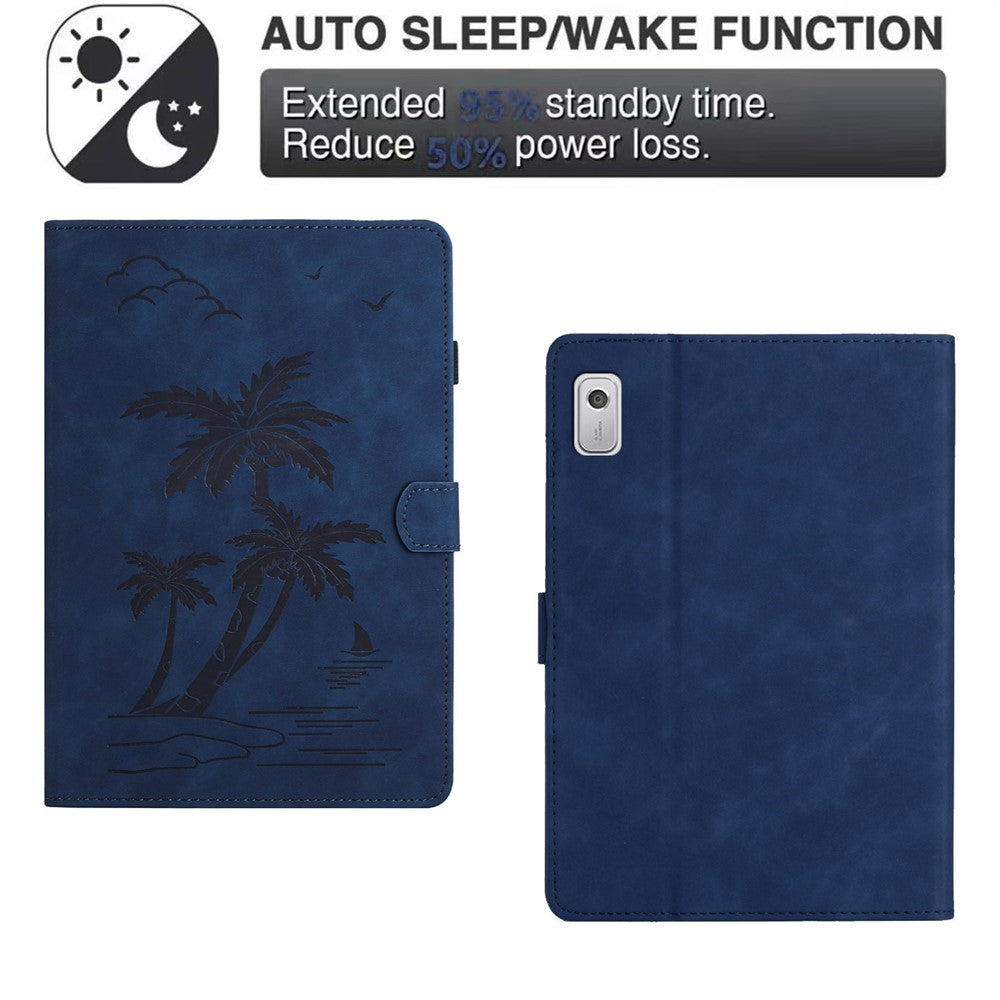 For Lenovo Tab M9 TB-310FU Case Card Slots PU Leather Coconut Tree Imprinted Tablet Cover Auto Wake / Sleep - Blue