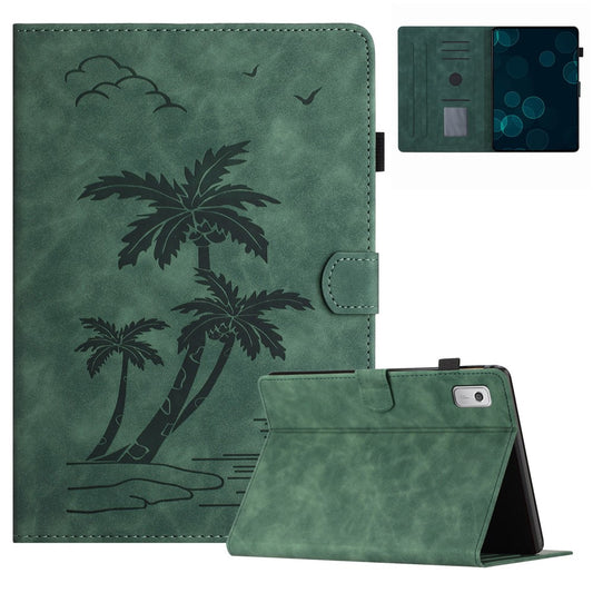 For Lenovo Tab M9 TB-310FU Case Card Slots PU Leather Coconut Tree Imprinted Tablet Cover Auto Wake / Sleep - Green