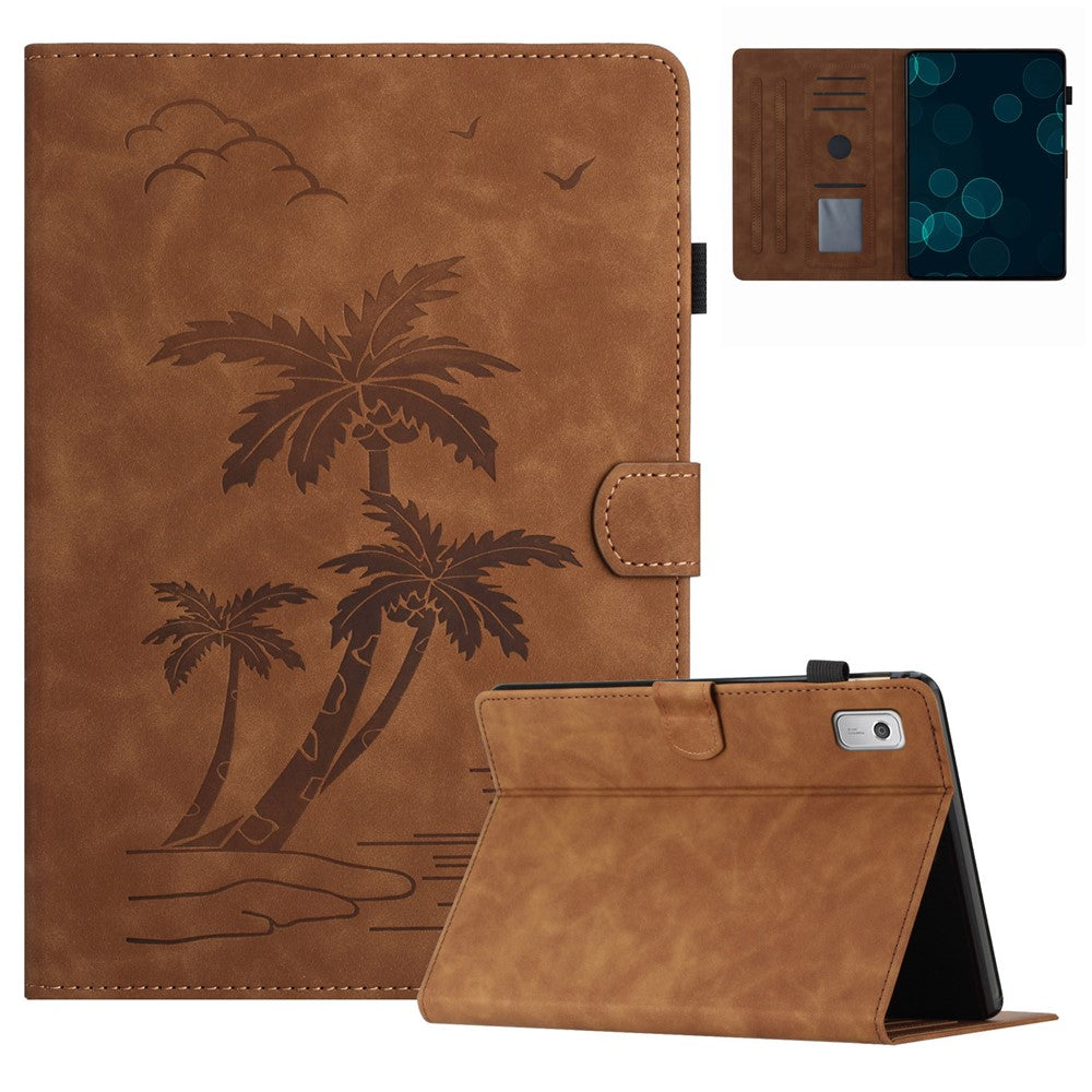 For Lenovo Tab M9 TB-310FU Case Card Slots PU Leather Coconut Tree Imprinted Tablet Cover Auto Wake / Sleep - Brown