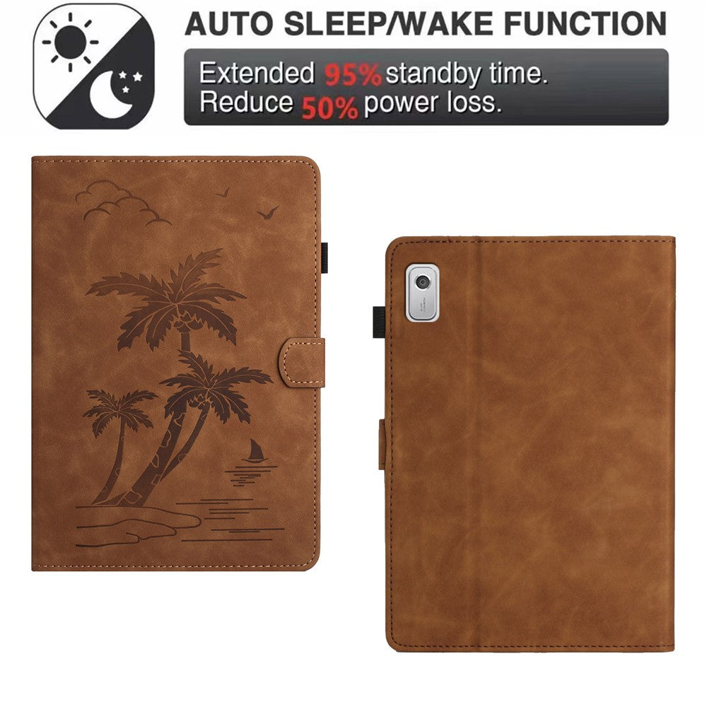 For Lenovo Tab M9 TB-310FU Case Card Slots PU Leather Coconut Tree Imprinted Tablet Cover Auto Wake / Sleep - Brown
