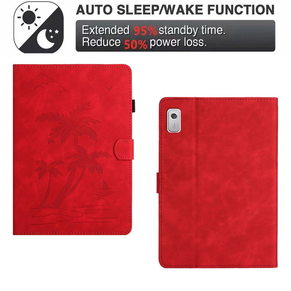 For Lenovo Tab M9 TB-310FU Case Card Slots PU Leather Coconut Tree Imprinted Tablet Cover Auto Wake / Sleep - Red