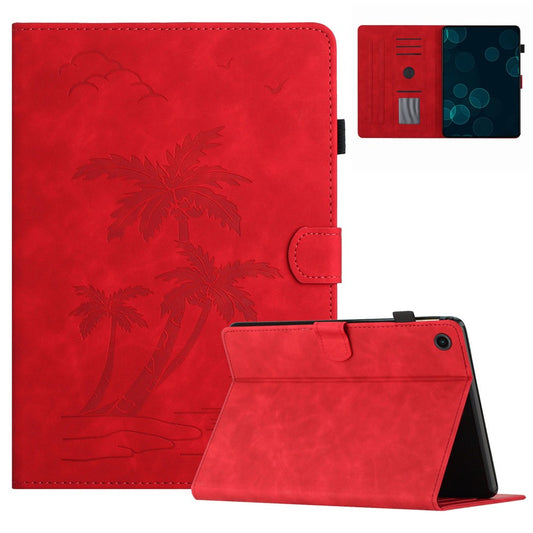 For Lenovo Tab M10 Plus (3rd Gen) Case Coconut Tree Imprinted PU Leather Folio Stand Smart Tablet Cover - Red