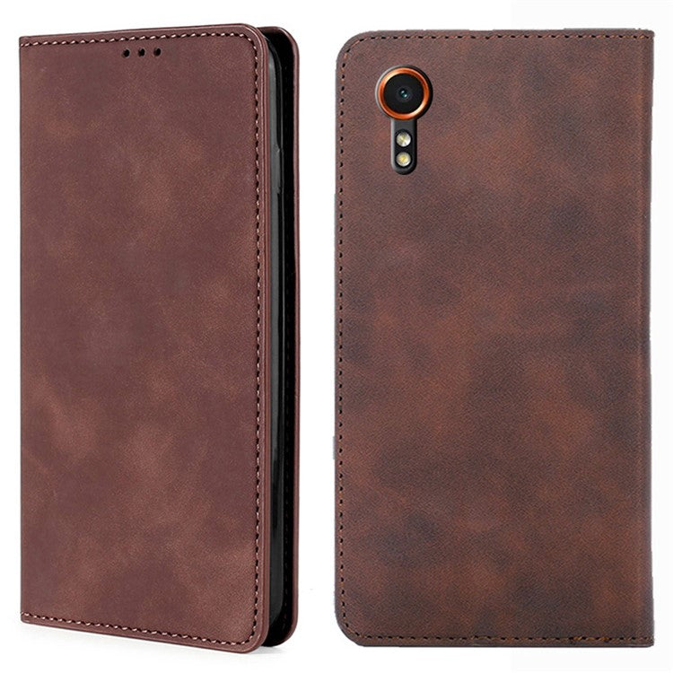 For Samsung Galaxy Xcover7 Case Skin-touch PU Leather Card Holder Phone Cover - Dark Brown