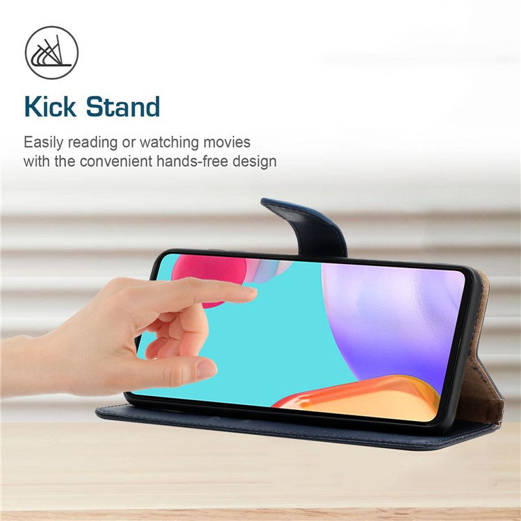 HT02 For Samsung Galaxy M55 5G / C55 5G / F55 5G Nappa Texture Phone Case Genuine Cow Leather Flip Stand Cover - Blue