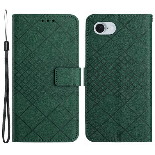 HT06 For iPhone SE (2025) Drop-Proof Phone Case Rhombus Pattern PU Leather Wallet Cover - Green