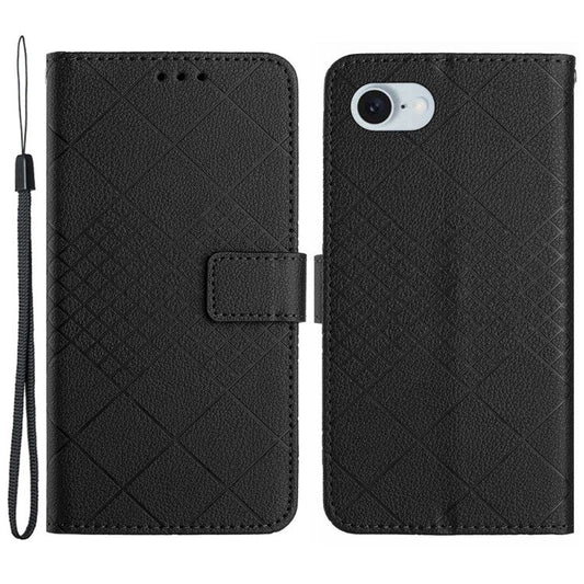 HT06 For iPhone SE (2025) Drop-Proof Phone Case Rhombus Pattern PU Leather Wallet Cover - Black