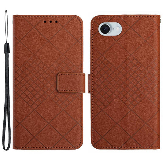 HT06 For iPhone SE (2025) Drop-Proof Phone Case Rhombus Pattern PU Leather Wallet Cover - Brown