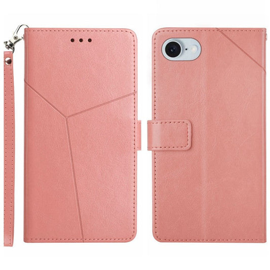 HT01 For iPhone 16e Wallet Case Leather Flip Phone Cover Imprinted Y-Shaped Lines - Pink