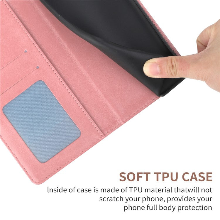 HT01 For iPhone SE (2025) Wallet Case Leather Flip Phone Cover Imprinted Y-Shaped Lines - Pink