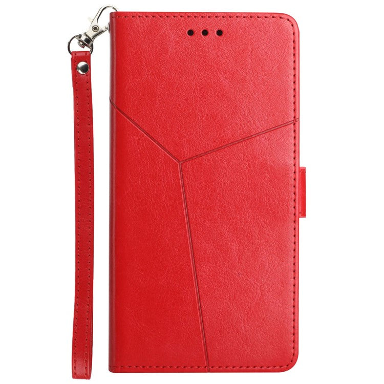 HT01 For iPhone SE (2025) Wallet Case Leather Flip Phone Cover Imprinted Y-Shaped Lines - Red