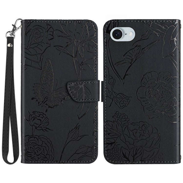 HT03 For iPhone SE (2025) Leather Case Imprinted Phone Cover with Strap - Black