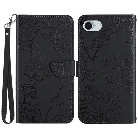 HT03 For iPhone SE (2025) Leather Case Imprinted Phone Cover with Strap - Black