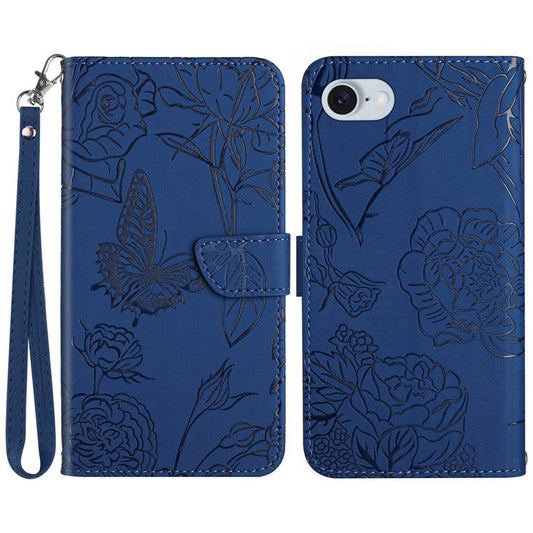 HT03 For iPhone SE (2025) Leather Case Imprinted Phone Cover with Strap - Blue