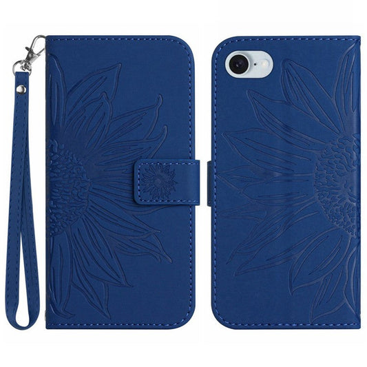HT04 For iPhone SE (2024) Case with Wrist Strap Sunflower Pattern Phone Wallet Cover - Sapphire