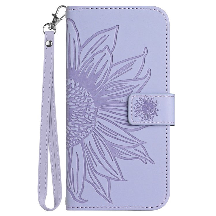 HT04 For iPhone SE (2024) Case with Wrist Strap Sunflower Pattern Phone Wallet Cover - Light Purple