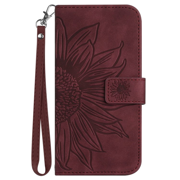 HT04 For iPhone SE (2024) Case with Wrist Strap Sunflower Pattern Phone Wallet Cover - Wine Red