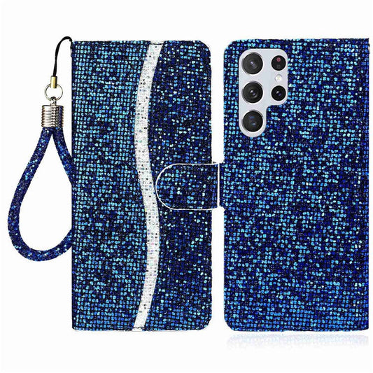 For Samsung Galaxy S24 Ultra Case Glitter Splicing Leather Wallet Stand Phone Cover - Blue