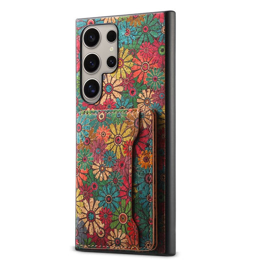 For Samsung Galaxy S24 Ultra Case Card Holder PU+TPU+PC Phone Shell with Floral Pattern - Spring  /  Green