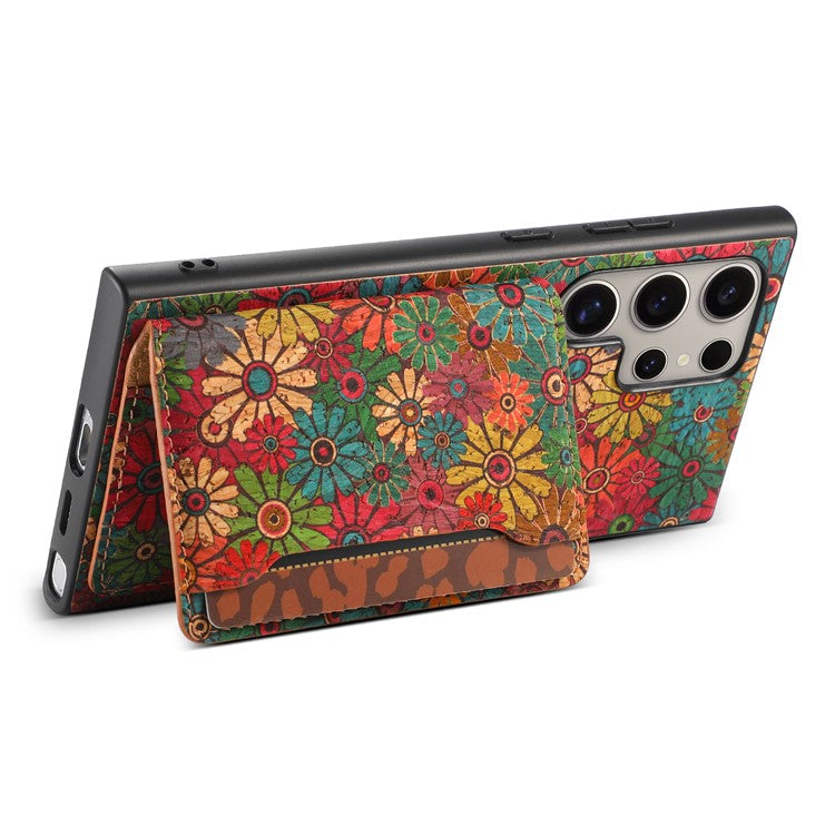 For Samsung Galaxy S24 Ultra Case Card Holder PU+TPU+PC Phone Shell with Floral Pattern - Spring  /  Green