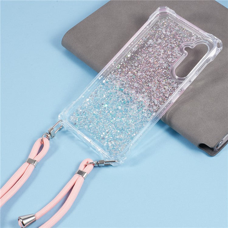 For Samsung Galaxy A34 5G Cover Gradient TPU+Acrylic Cell Phone Case with Strap - Pink+Green