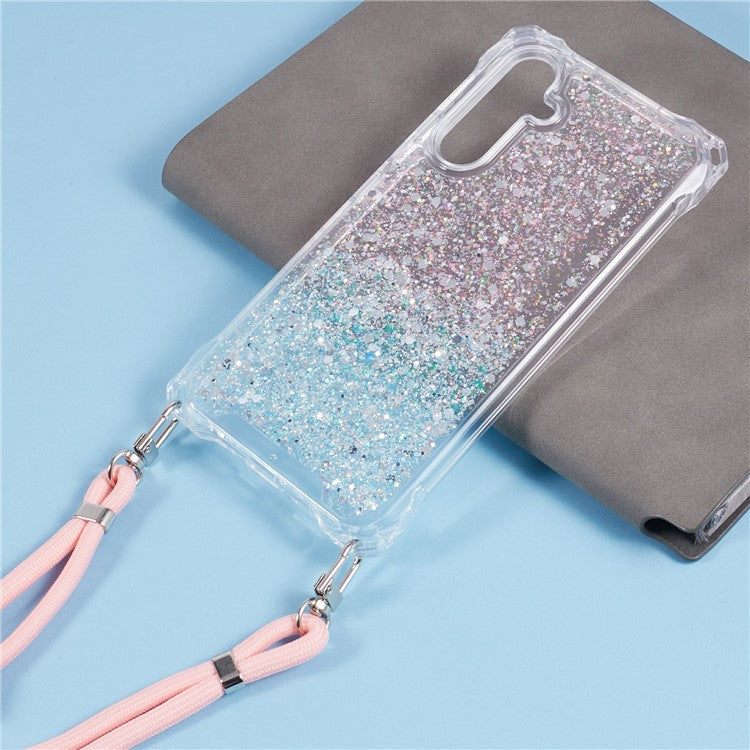 For Samsung Galaxy A34 5G Cover Gradient TPU+Acrylic Cell Phone Case with Strap - Pink+Green