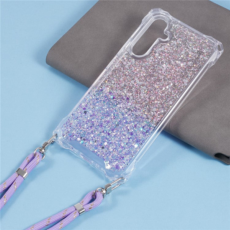 For Samsung Galaxy A53 5G Gradient Case 4 Corners Anti-drop Phone Cover with Long Strap - Pink+Purple