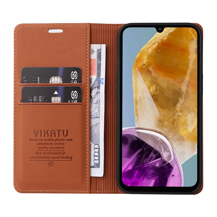 YIKATU YK-001 For Samsung Galaxy M15 5G Phone Cover Magnetic Closure Leather Shock Absorbing Case - Brown