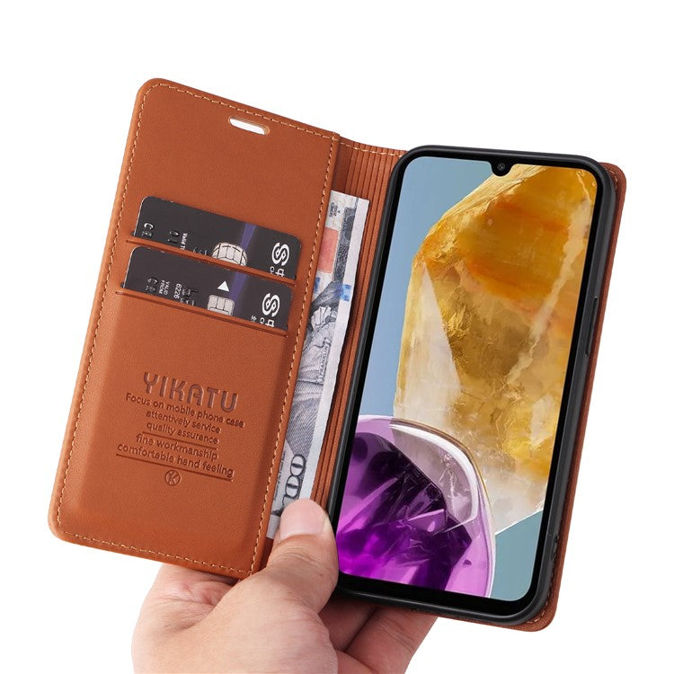 YIKATU YK-001 For Samsung Galaxy M15 5G Phone Cover Magnetic Closure Leather Shock Absorbing Case - Brown