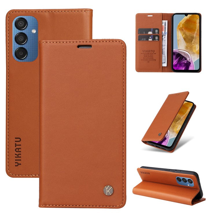 YIKATU YK-001 For Samsung Galaxy M15 5G Phone Cover Magnetic Closure Leather Shock Absorbing Case - Brown