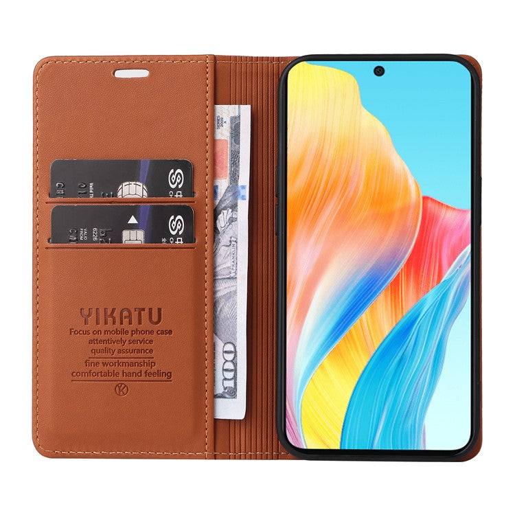 YIKATU YK-001 For Oppo A58 4G Case Magnetic Adsorption Wallet Leather Smartphone Cover - Brown