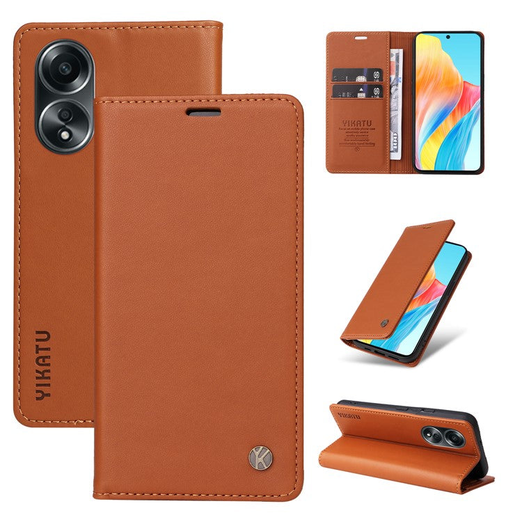 YIKATU YK-001 For Oppo A58 4G Case Magnetic Adsorption Wallet Leather Smartphone Cover - Brown